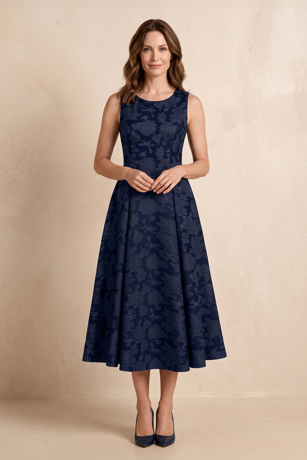 Dark Navy A-Line Jacquard Round Neck Midi Mother of the Bride Dress