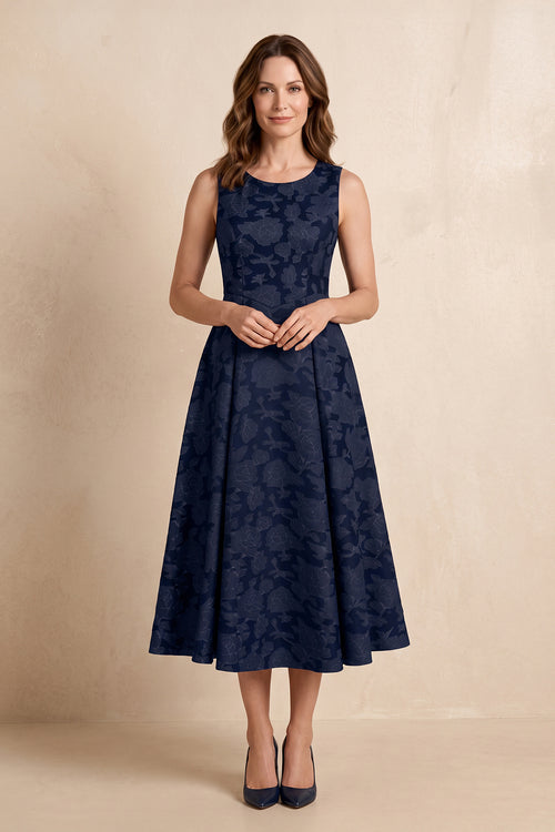 Dark Navy A-Line Jacquard Round Neck Midi Mother of the Bride Dress | KISSBRIDAL