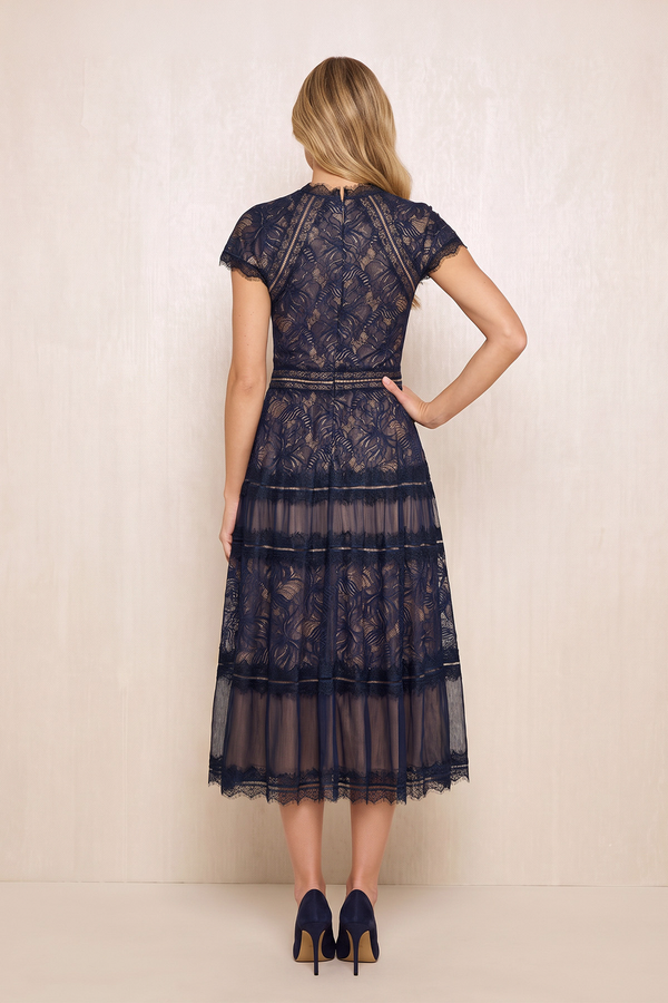 Dark Navy A-Line Lace High Neck Midi Mother of the Bride Dress (2) | KISSBRIDAL