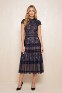 Dark Navy A-Line Lace High Neck Midi Mother of the Bride Dress | KISSBRIDAL