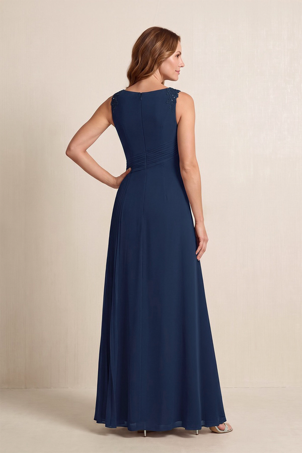 Dark Navy A-Line Pleated Chiffon Boat Neck Mother of the Bride Dress (2) | KISSBRIDAL