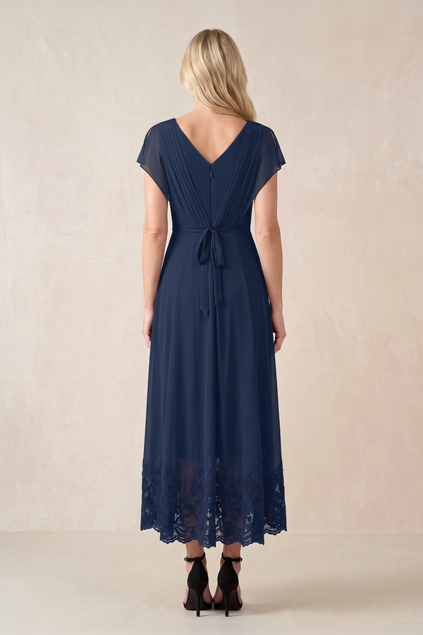 Dark Navy A-Line Pleated Chiffon V-Neck Mother of the Bride Dress With Embroidery (2) | KISSBRIDAL