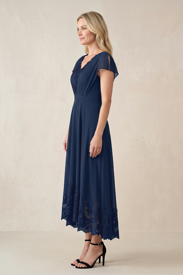 Dark Navy A-Line Pleated Chiffon V-Neck Mother of the Bride Dress With Embroidery (3) | KISSBRIDAL