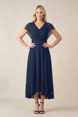 Dark Navy A-Line Pleated Chiffon V-Neck Mother of the Bride Dress With Embroidery | KISSBRIDAL