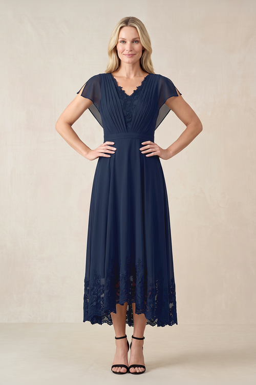 Dark Navy A-Line Pleated Chiffon V-Neck Mother of the Bride Dress With Embroidery | KISSBRIDAL