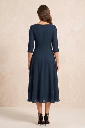 Dark Navy A-Line Ruched Chiffon Midi Mother of the Bride Dress with 3/4 Sleeves (2) | KISSBRIDAL