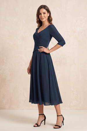 Dark Navy A-Line Ruched Chiffon Midi Mother of the Bride Dress with 3/4 Sleeves (3) | KISSBRIDAL