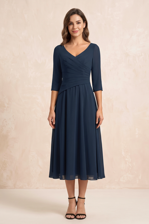 Dark Navy A-Line Ruched Chiffon Midi Mother of the Bride Dress with 3/4 Sleeves | KISSBRIDAL