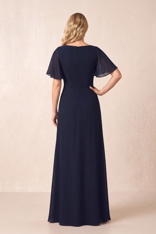 Dark Navy A-Line Ruched Chiffon Mother of the Bride Dress with Ruffled Sleeves (2) | KISSBRIDAL