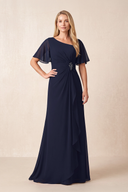 Dark Navy A-Line Ruched Chiffon Mother of the Bride Dress with Ruffled Sleeves | KISSBRIDAL