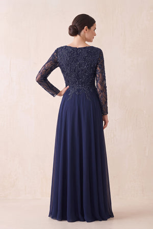 Dark Navy A-Line Tulle Embroidered V-Neck Mother of the Bride Dress with Sleeves (2) | KISSBRIDAL