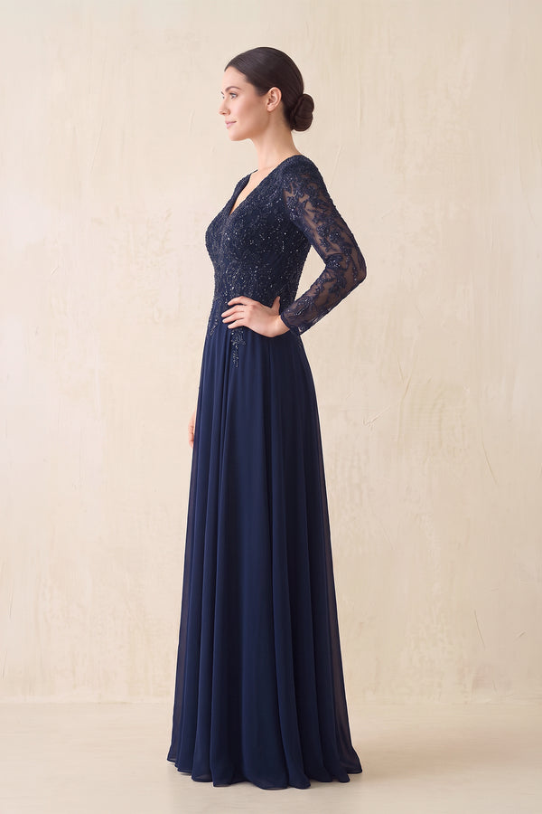 Dark Navy A-Line Tulle Embroidered V-Neck Mother of the Bride Dress with Sleeves (3) | KISSBRIDAL