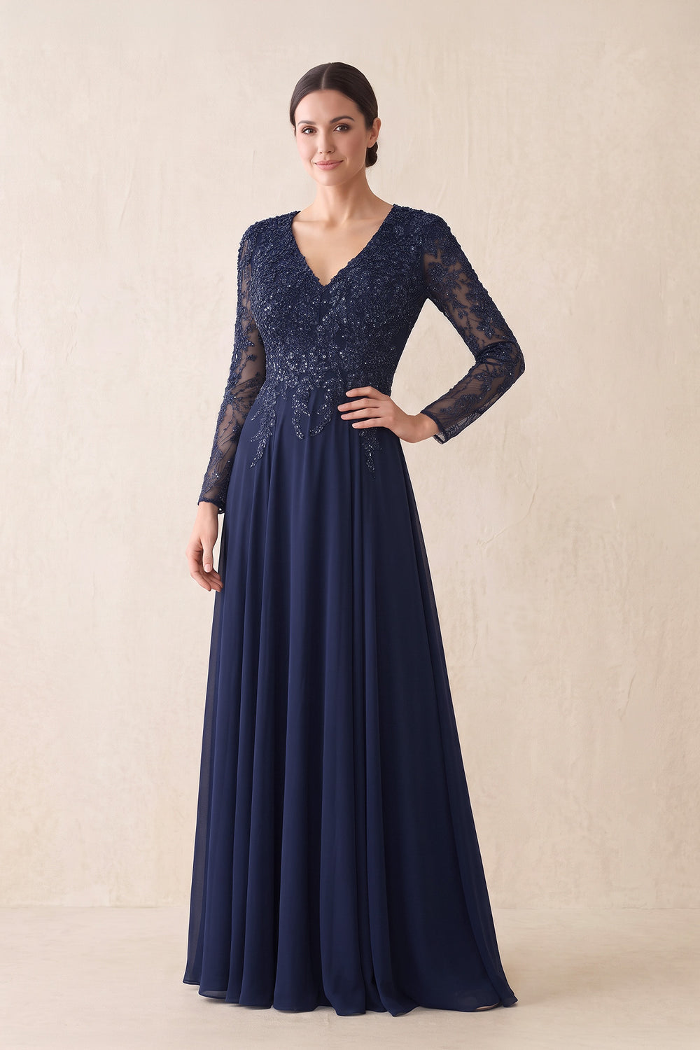 Dark Navy A-Line Tulle Embroidered V-Neck Mother of the Bride Dress with Sleeves