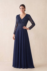 Dark Navy A-Line Tulle Embroidered V-Neck Mother of the Bride Dress with Sleeves | KISSBRIDAL