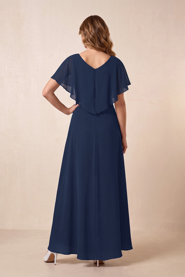 Dark Navy A-Line V-Neck Chiffon Mother of the Bride Dress With Cape Sleeves (2) | KISSBRIDAL