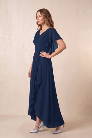 Dark Navy A-Line V-Neck Chiffon Mother of the Bride Dress With Cape Sleeves (3) | KISSBRIDAL