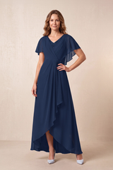 Dark Navy A-Line V-Neck Chiffon Mother of the Bride Dress With Cape Sleeves | KISSBRIDAL