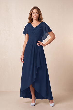 Dark Navy A-Line V-Neck Chiffon Mother of the Bride Dress With Cape Sleeves | KISSBRIDAL