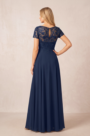 Dark Navy Boat Neck Chiffon A-Line Embroidered Mother of the Bride Dress with Sleeves (2) | KISSBRIDAL