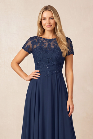 Dark Navy Boat Neck Chiffon A-Line Embroidered Mother of the Bride Dress with Sleeves (3) | KISSBRIDAL