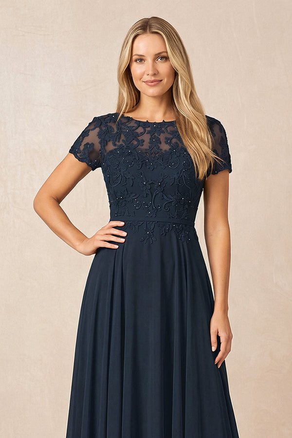 Dark Navy Boat Neck Chiffon A-Line Embroidered Mother of the Bride Dress with Sleeves (3) | KISSBRIDAL
