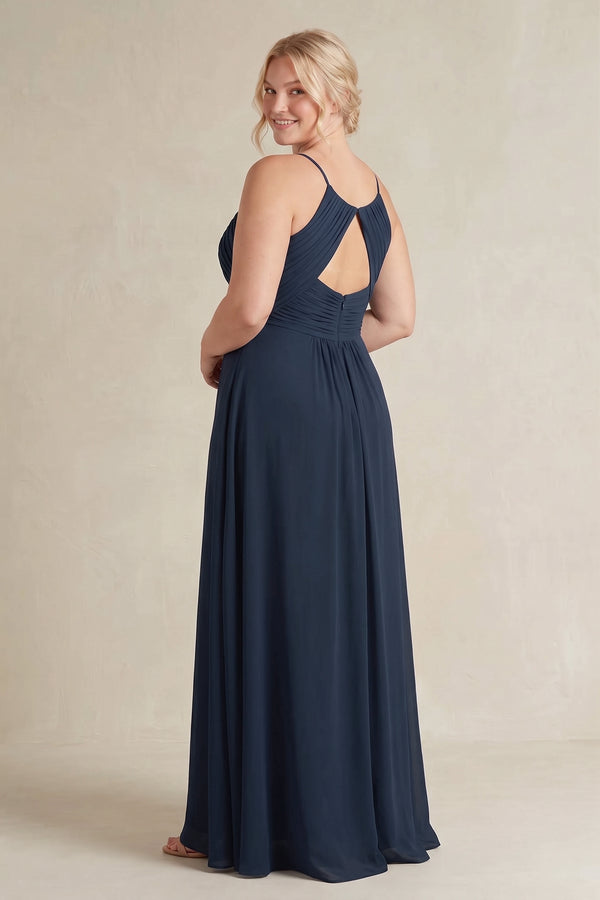 Dark Navy Cami Strap A-Line Chiffon Pleated Bridesmaid Dress (2) [sizeplus] | KISSBRIDAL