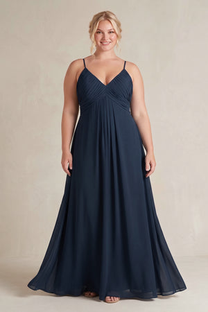 Dark Navy Cami Strap A-Line Chiffon Pleated Bridesmaid Dress [sizeplus] | KISSBRIDAL