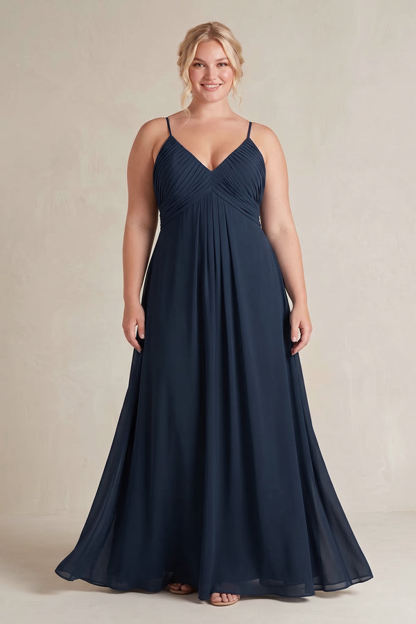 Dark Navy Cami Strap A-Line Chiffon Pleated Bridesmaid Dress [sizeplus] | KISSBRIDAL
