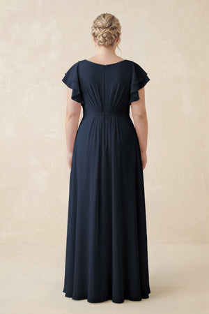 Dark Navy Cap Sleeve Ruffled A-Line Chiffon Bridesmaid Dress (2) | KISSBRIDAL