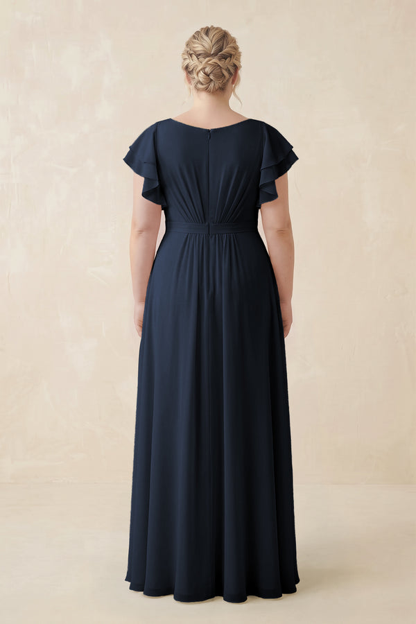 Dark Navy Cap Sleeve Ruffled A-Line Chiffon Bridesmaid Dress (2) | KISSBRIDAL