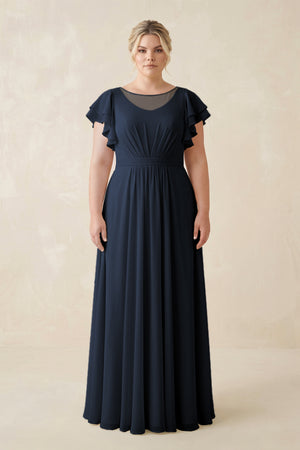 Dark Navy Cap Sleeve Ruffled A-Line Chiffon Bridesmaid Dress | KISSBRIDAL