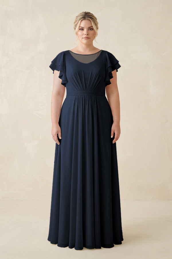 Dark Navy Cap Sleeve Ruffled A-Line Chiffon Bridesmaid Dress | KISSBRIDAL