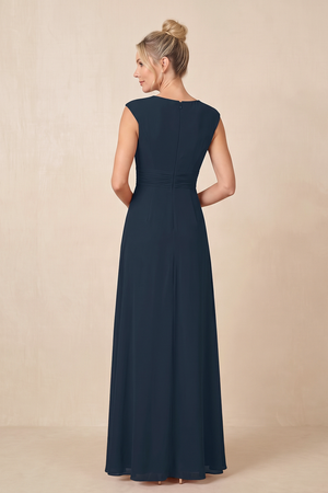Dark Navy Cap Sleeves A-Line Chiffon Pleated Ruffled Mother of the Bride Dress (2) | KISSBRIDAL