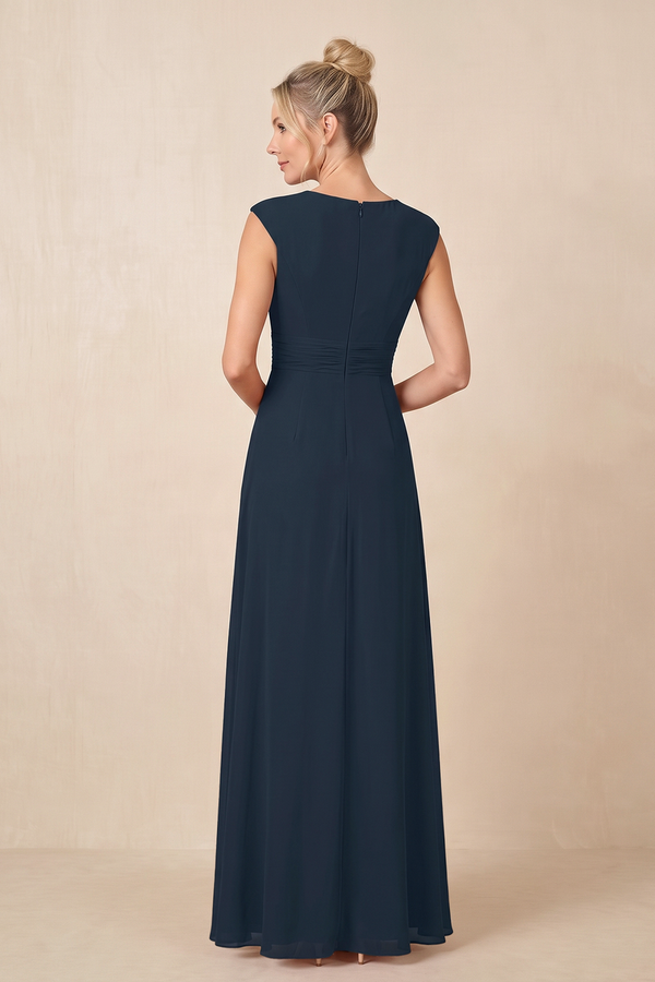 Dark Navy Cap Sleeves A-Line Chiffon Pleated Ruffled Mother of the Bride Dress (2) | KISSBRIDAL