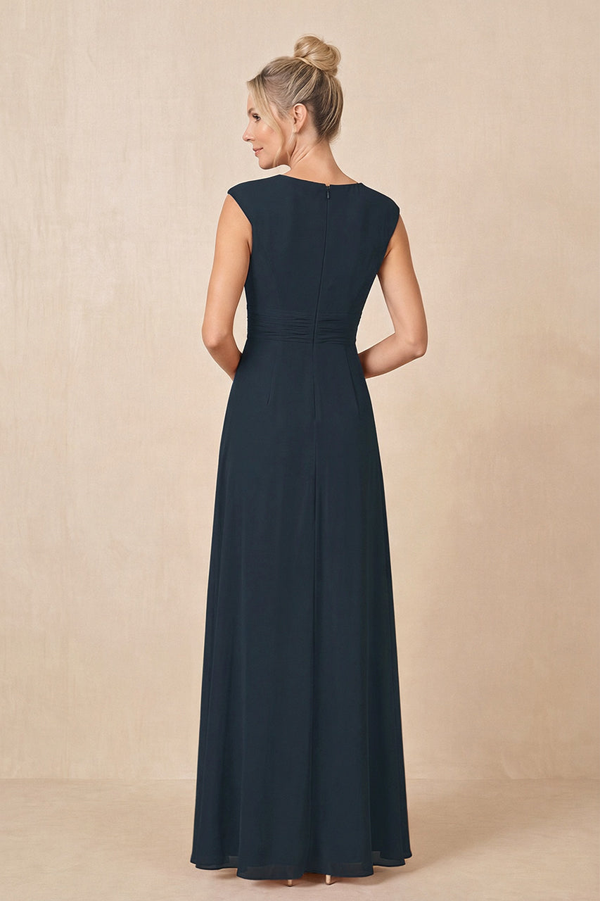 Dark Navy Cap Sleeves A-Line Chiffon Pleated Ruffled Mother of the Bride Dress
