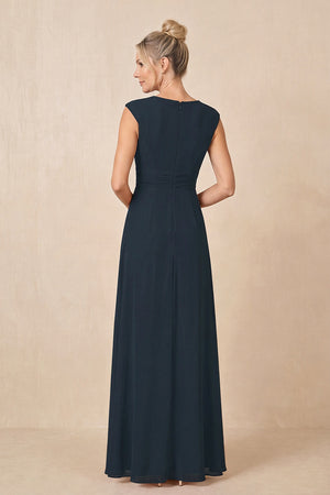 Dark Navy Cap Sleeves A-Line Chiffon Pleated Ruffled Mother of the Bride Dress (2) | KISSBRIDAL