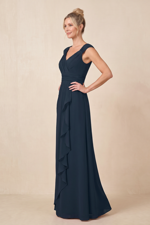 Dark Navy Cap Sleeves A-Line Chiffon Pleated Ruffled Mother of the Bride Dress (3) | KISSBRIDAL