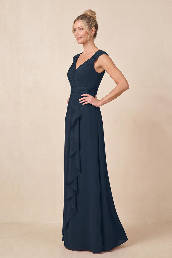Dark Navy Cap Sleeves A-Line Chiffon Pleated Ruffled Mother of the Bride Dress (3) | KISSBRIDAL