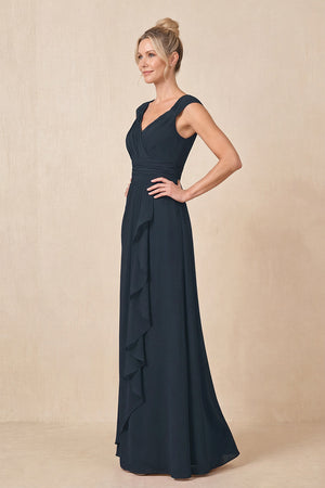 Dark Navy Cap Sleeves A-Line Chiffon Pleated Ruffled Mother of the Bride Dress (3) | KISSBRIDAL