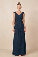 Dark Navy Cap Sleeves A-Line Chiffon Pleated Ruffled Mother of the Bride Dress | KISSBRIDAL