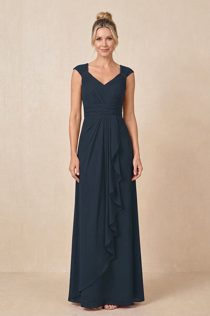 Dark Navy Cap Sleeves A-Line Chiffon Pleated Ruffled Mother of the Bride Dress