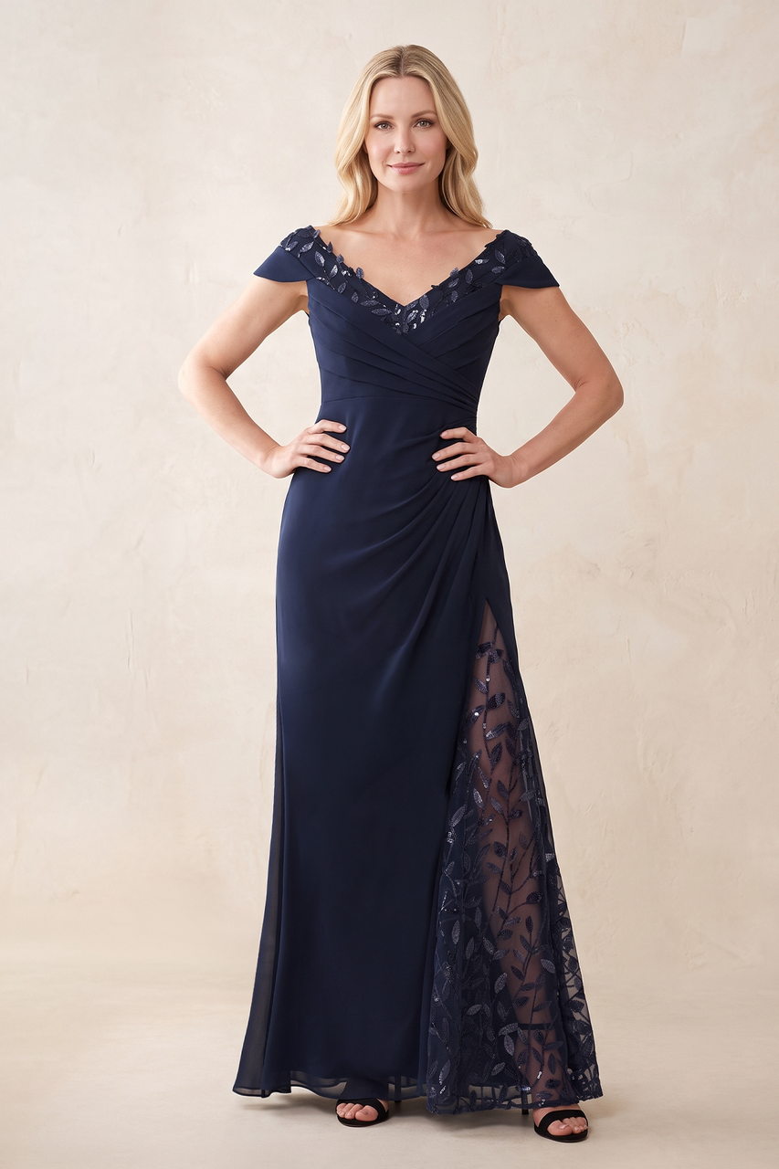 Dark Navy Cap Sleeves Sheath V-Neck Chiffon Mother of the Bride Dress with Slit