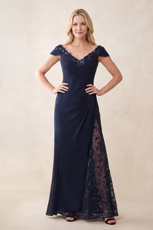Dark Navy Cap Sleeves Sheath V-Neck Chiffon Mother of the Bride Dress with Slit (2) | KISSBRIDAL