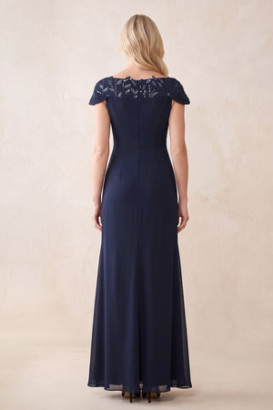 Dark Navy Cap Sleeves Sheath V-Neck Chiffon Mother of the Bride Dress with Slit (3) | KISSBRIDAL