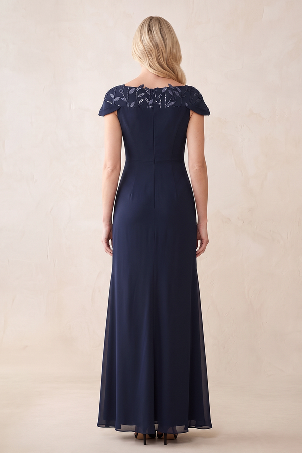 Dark Navy Cap Sleeves Sheath V-Neck Chiffon Mother of the Bride Dress with Slit (3) | KISSBRIDAL