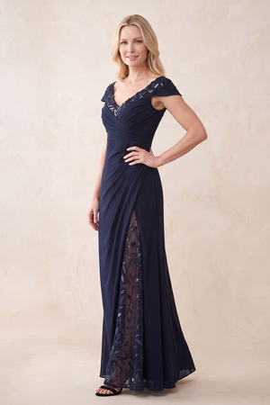 Dark Navy Cap Sleeves Sheath V-Neck Chiffon Mother of the Bride Dress with Slit | KISSBRIDAL