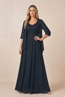 Dark Navy Cape Sleeves A-Line Chiffon Scoop Neck Embroidered Mother of the Bride Dress | KISSBRIDAL