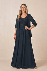 Dark Navy Cape Sleeves A-Line Chiffon Scoop Neck Embroidered Mother of the Bride Dress | KISSBRIDAL