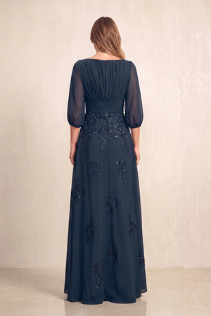 Dark Navy Chiffon A-Line Embroidered Boat Neck Long Mother of the Bride Dress (2) | KISSBRIDAL