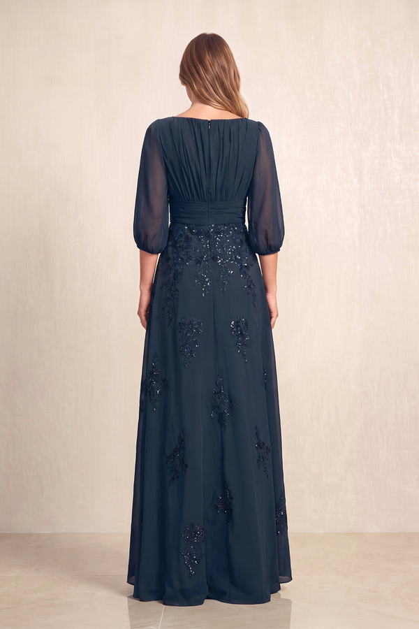 Dark Navy Chiffon A-Line Embroidered Boat Neck Long Mother of the Bride Dress (2) | KISSBRIDAL
